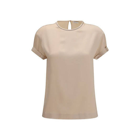 Blouse by Brunello Cucinelli for women in silk beige showcases a sharp silhouette, elegantly detailed with a sharp crew neckline and sharp short-sleeve.