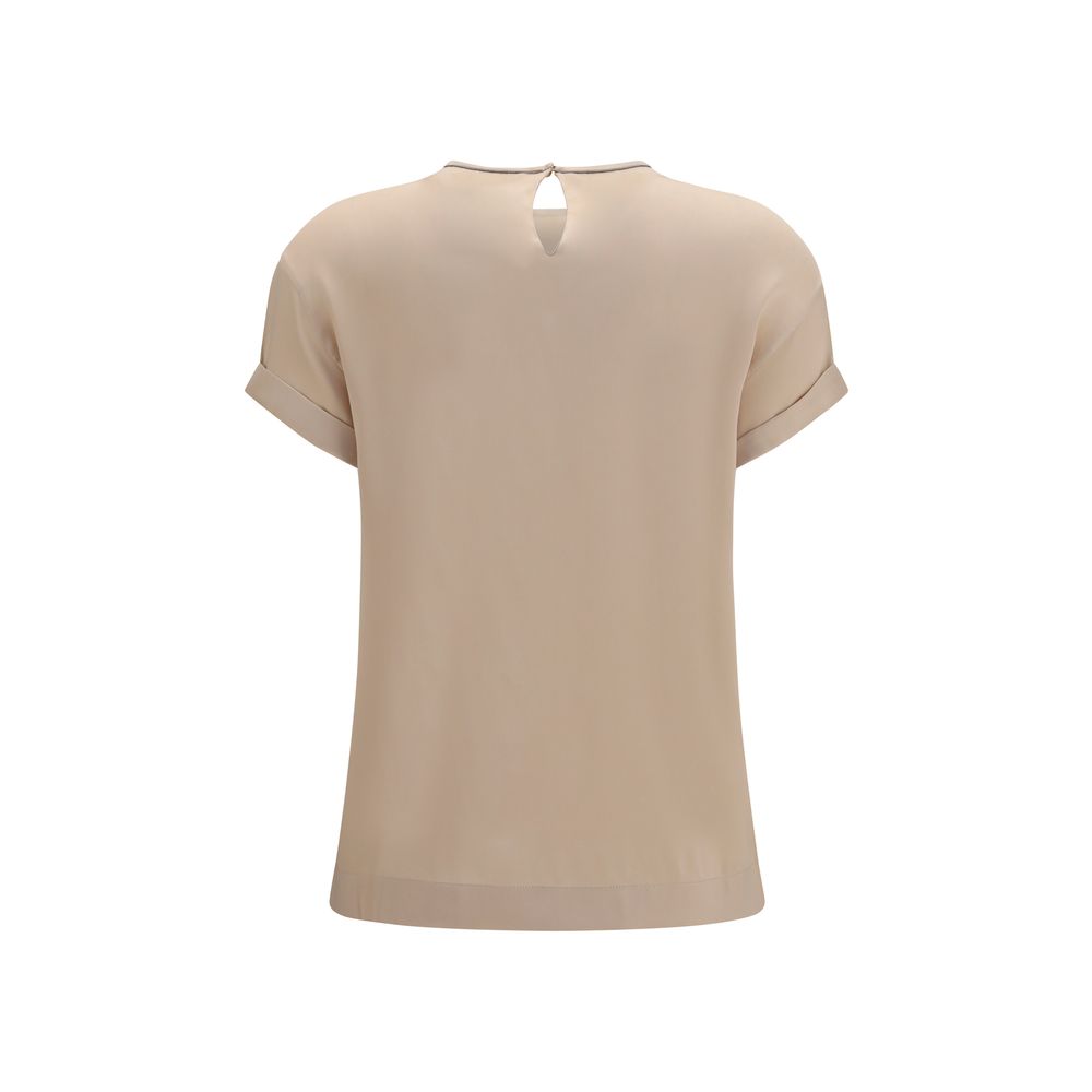 Blouse by Brunello Cucinelli for women in silk beige showcases a sleek silhouette, elegantly detailed with a sleek crew neckline and for a sleek finish.