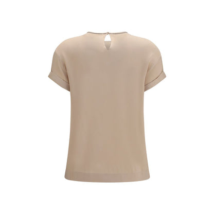 Blouse by Brunello Cucinelli for women in silk beige showcases a sleek silhouette, elegantly detailed with a sleek crew neckline and for a sleek finish.