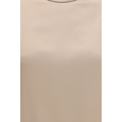 Blouse by Brunello Cucinelli for women in silk beige showcases a sharp silhouette, elegantly detailed with a sharp and sharp .