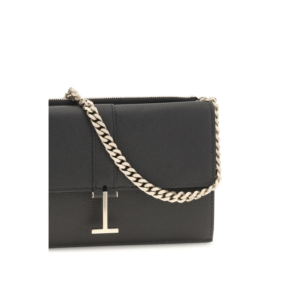 Shoulder Flap Bag by Tom Ford for women in bos taurus calf grained leather black, gold & signature showcases a enviable silhouette, artfully detailed with a secure flap & zipper, organized , and versatile shoulder-strap for a enviable look.