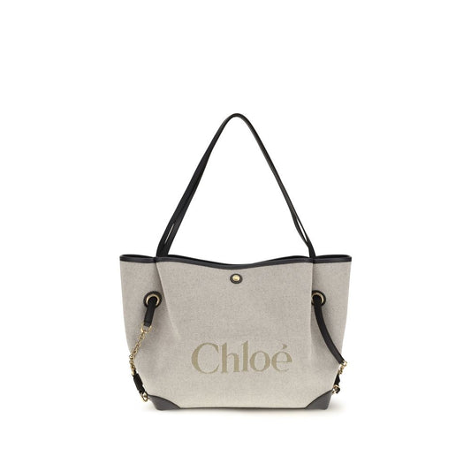 Bucket Tote Shoulder Bag by Chloé for women in cotton canvas & calf leather gray, gold & signature presents a versatile silhouette, showcasing a secure and versatile with versatile for a sophisticated look.