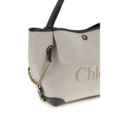 Bucket Tote Shoulder Bag by Chloé for women in cotton canvas & calf leather gray, gold & signature features a effortless chic silhouette with a secure , ample , and versatile for a effortless chic finish.
