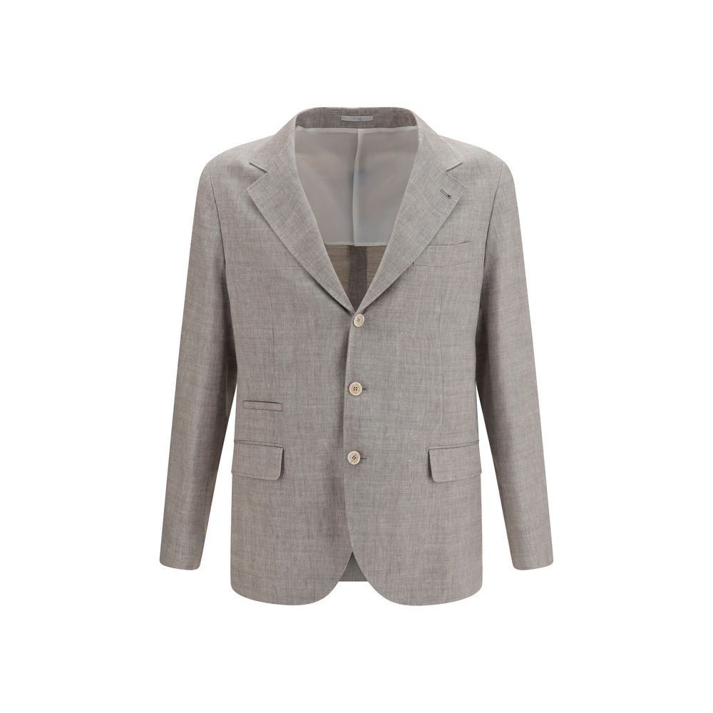 Overcoat by Brunello Cucinelli for men in linen & merino wool beige & chevron features a contemporary silhouette showcasing a contemporary and refined pockets for a sophisticated finish.