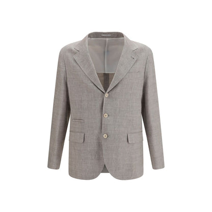 Overcoat by Brunello Cucinelli for men in linen & merino wool beige & chevron features a contemporary silhouette showcasing a contemporary and refined pockets for a sophisticated finish.