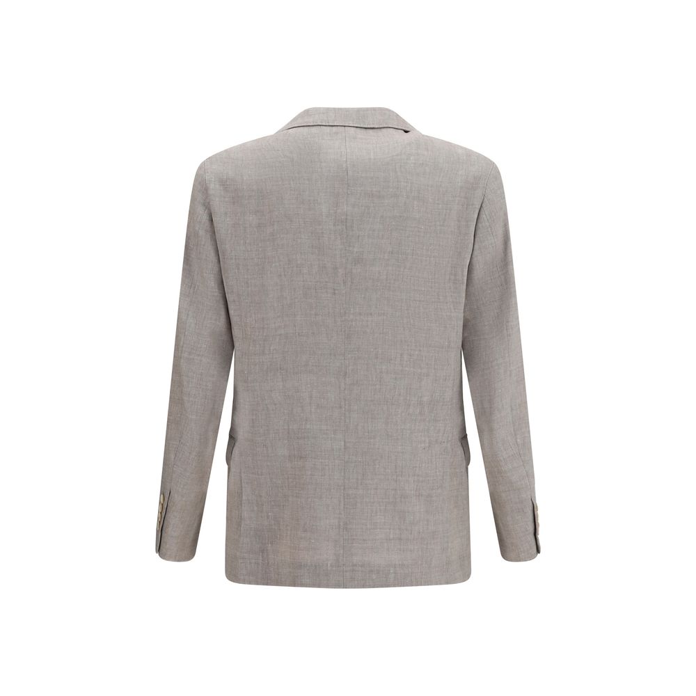 Overcoat by Brunello Cucinelli for men in linen & merino wool beige & chevron features an voluminous silhouette, showcasing distinct pockets and a voluminous for a truly voluminous aesthetic.
