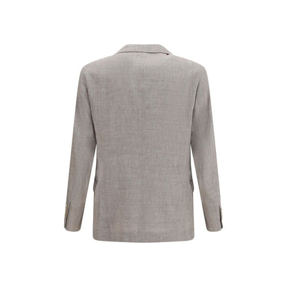 Overcoat by Brunello Cucinelli for men in linen & merino wool beige & chevron features an voluminous silhouette, showcasing distinct pockets and a voluminous for a truly voluminous aesthetic.