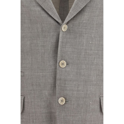 Overcoat by Brunello Cucinelli for men in linen & merino wool beige & chevron showcases a architectural silhouette, artfully detailed with a distinctive and functional pockets for a architectural finish.