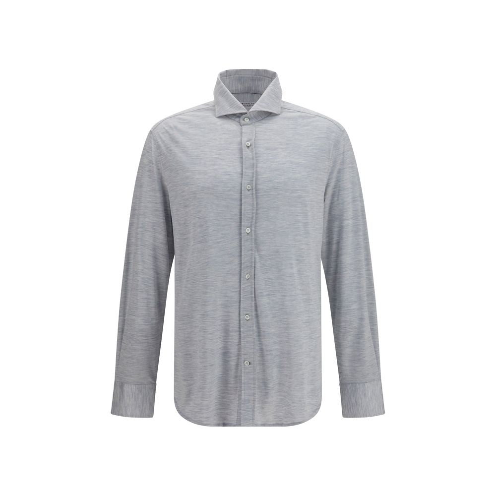 Dress Shirt by Brunello Cucinelli for men in cotton & silk blue features an polished silhouette, showcasing a sophisticated spread-collar neckline and long-sleeve detail for a truly polished finish.