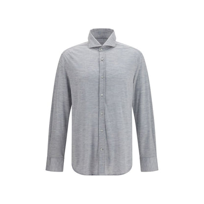 Dress Shirt by Brunello Cucinelli for men in cotton & silk blue features an polished silhouette, showcasing a sophisticated spread-collar neckline and long-sleeve detail for a truly polished finish.
