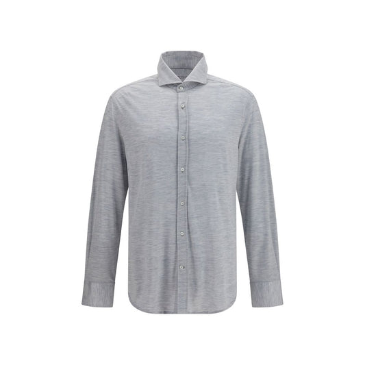 Dress Shirt by Brunello Cucinelli for men in cotton & silk blue features an polished silhouette, showcasing a sophisticated spread-collar neckline and long-sleeve detail for a truly polished finish.
