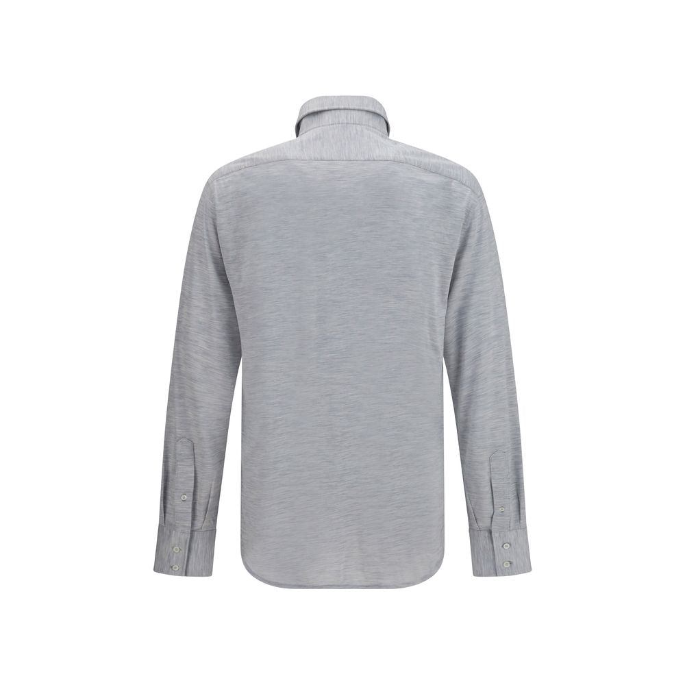 Dress Shirt by Brunello Cucinelli for men in cotton & silk blue showcases a sleek silhouette, elegantly detailed with a sleek spread-collar neckline and for a sleek finish.