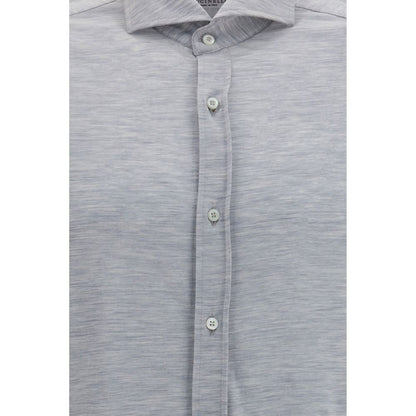 Dress Shirt by Brunello Cucinelli for men in cotton & silk blue features an architectural silhouette with a refined and elegant for a architectural look.