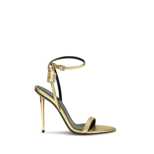 Stiletto Ankle Strap Sandals by Tom Ford for women in bos taurus calf & lambskin leather gold & patterned showcases a sculptural silhouette as Women's Bos Taurus Calf & Lambskin Leather Stiletto Ankle Strap Sandals, defined by a sculptural stiletto and sculptural open toe style for a sculptural look.