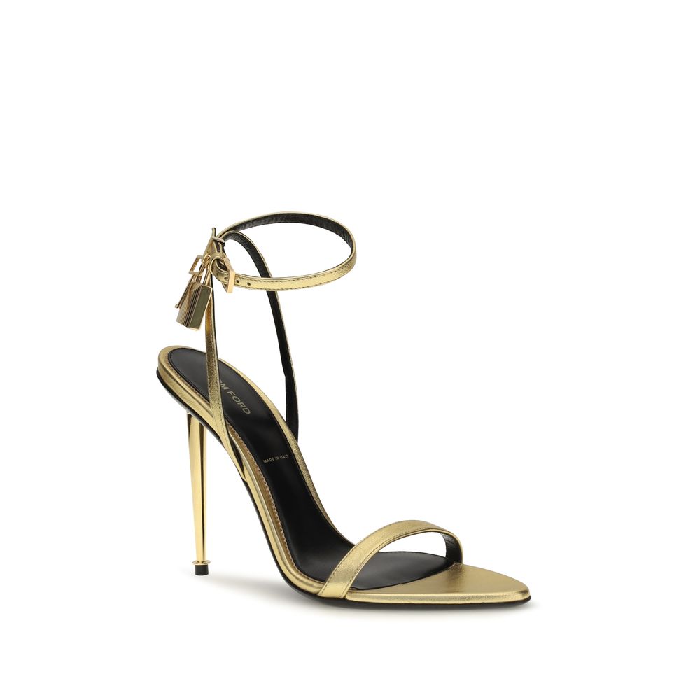 Stiletto Ankle Strap Sandals by Tom Ford for women in bos taurus calf & lambskin leather gold & patterned features an exquisite silhouette, showcasing the exquisite Women's Bos Taurus Calf & Lambskin Leather Stiletto Ankle Strap Sandals with a stiletto and open toe style.