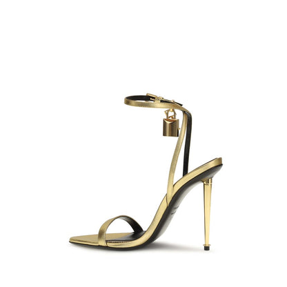Stiletto Ankle Strap Sandals by Tom Ford for women in bos taurus calf & lambskin leather and gold & patterned presents a captivating silhouette, showcasing the signature style of the Women's Bos Taurus Calf & Lambskin Leather Stiletto Ankle Strap Sandals with a captivating stiletto and captivating open toe style.