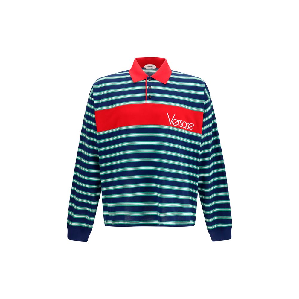 Polo Shirt by Versace for men in cotton multicolor & striped features a eye catching silhouette, showcasing a refined shirt-collar neckline and long-sleeve for a eye catching finish.