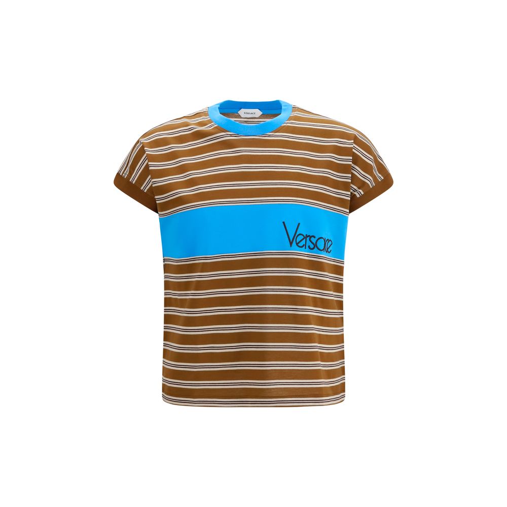 T-Shirt by Versace for men in cotton brown & striped showcases a dramatic silhouette, elegantly detailed with a dramatic crew neckline and short-sleeve for a truly dramatic finish.