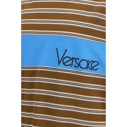 T-Shirt by Versace for men in cotton brown & striped features an on trend silhouette, perfectly showcasing a on trend and crew neckline for an elevated aesthetic.