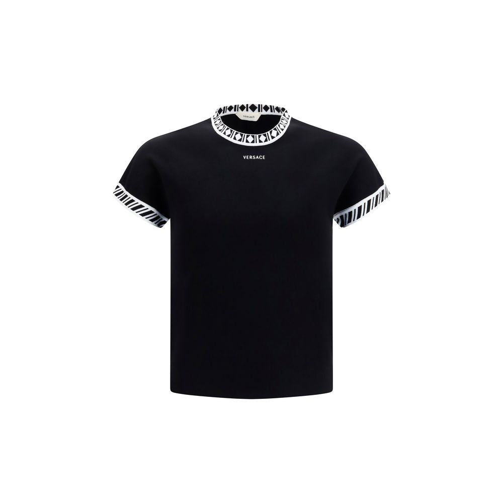 T-Shirt by Versace for men in stretch polyamide cotton black & signature showcases a unassuming silhouette, artfully detailed with a refined crew neckline and unassuming short-sleeve for a sophisticated, contemporary look.