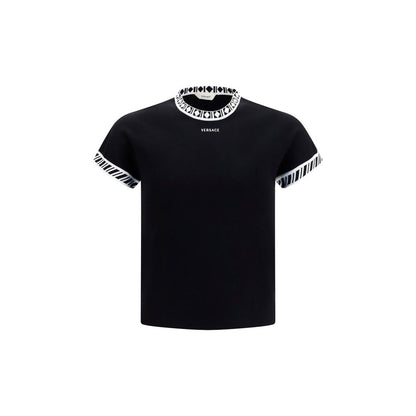 T-Shirt by Versace for men in stretch polyamide cotton black & signature showcases a unassuming silhouette, artfully detailed with a refined crew neckline and unassuming short-sleeve for a sophisticated, contemporary look.
