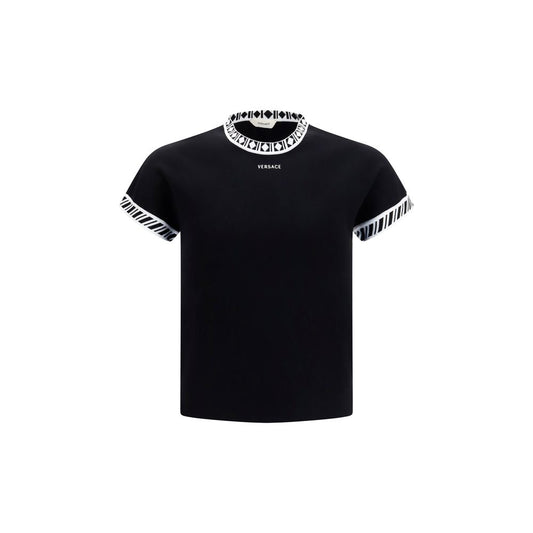 T-Shirt by Versace for men in stretch polyamide cotton black & signature showcases a unassuming silhouette, artfully detailed with a refined crew neckline and unassuming short-sleeve for a sophisticated, contemporary look.