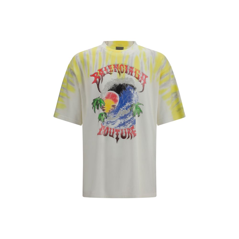T-Shirt by Balenciaga for men in cotton bicolour, tie-dye & print showcases a unassuming silhouette, artfully detailed with a refined crew neckline and unassuming short-sleeve for a sophisticated, contemporary look.