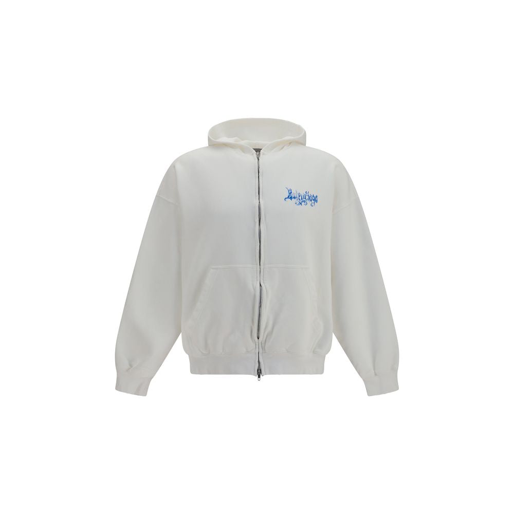 Sweatshirt Hoodie by Balenciaga for men in cotton white & print showcases a city-ready silhouette, artfully detailed with a signature hooded neckline and for a city-ready finish.