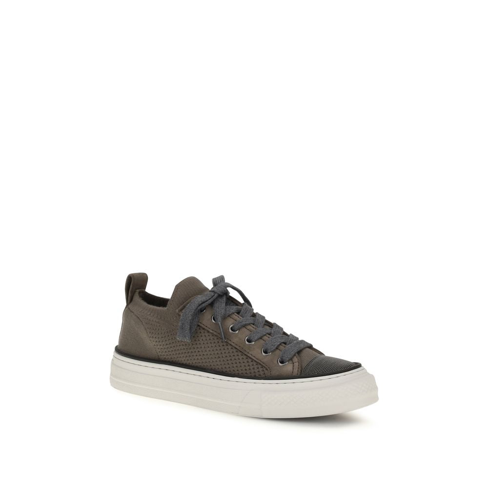 Brunello Cucinelli Women's Low Top Bos Taurus Suede Calfskin Leather & Cotton Sneakers - Brown