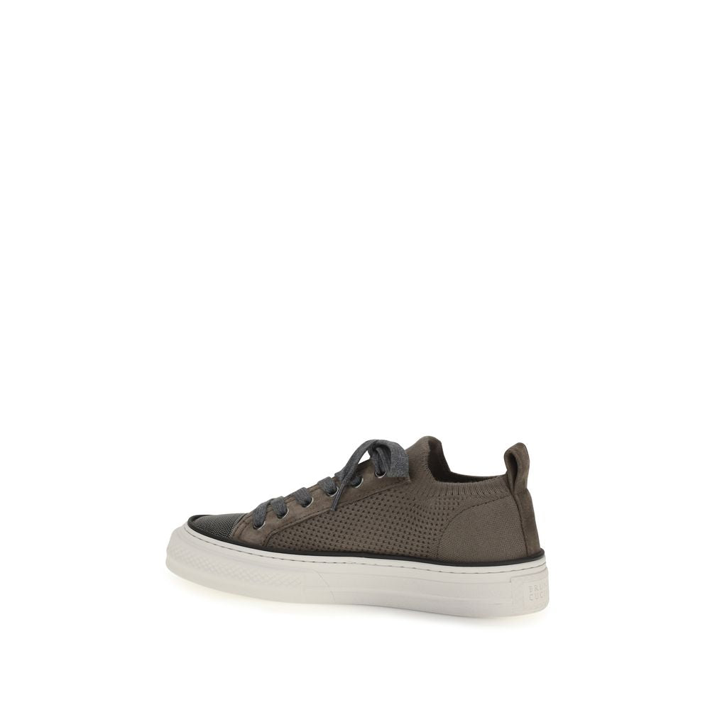 Brunello Cucinelli Women's Low Top Bos Taurus Suede Calfskin Leather & Cotton Sneakers - Brown