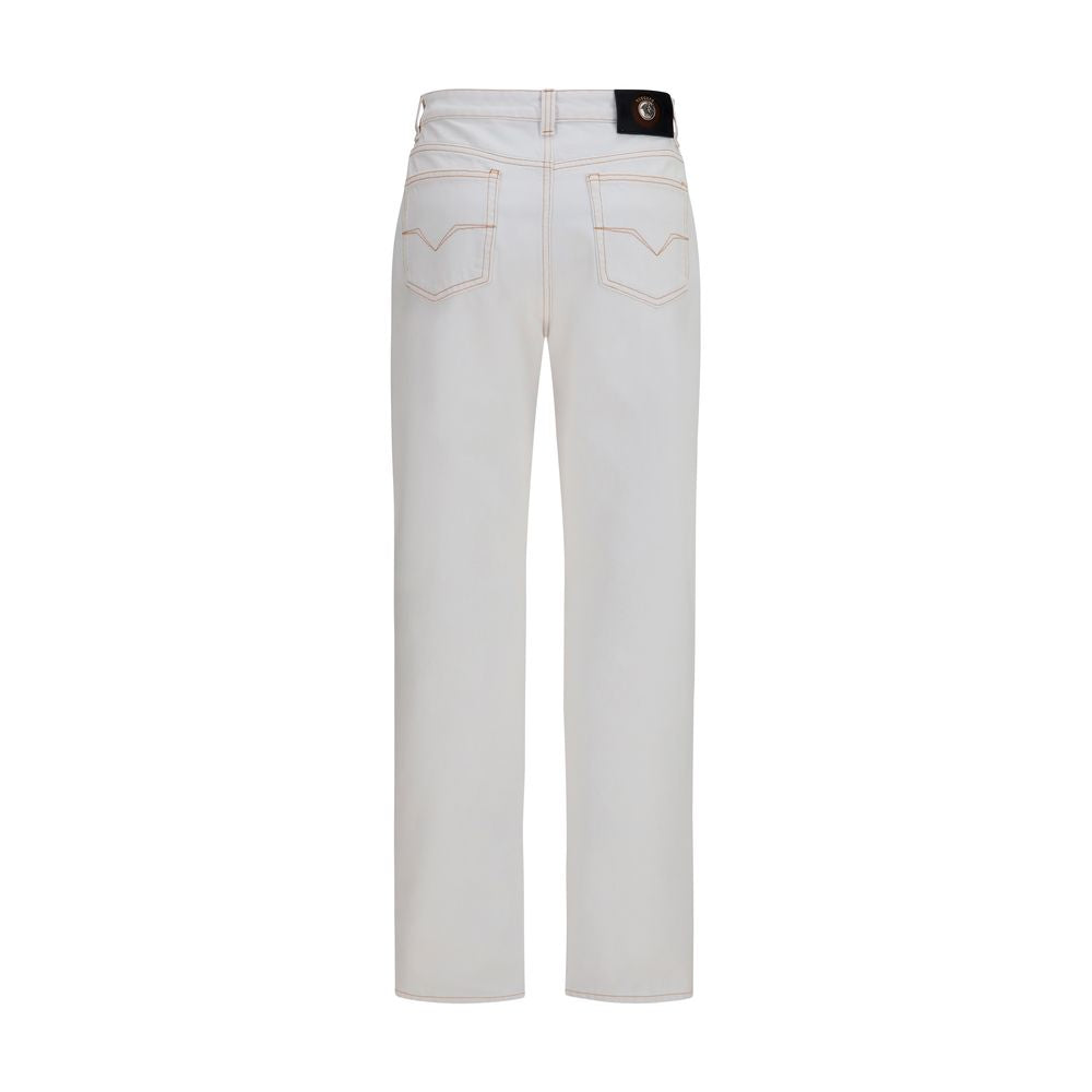 Jeans by Versace for women in denim cotton white features a polished silhouette with a polished straight-leg & regular-fit, reaching a polished long and finished with a polished high rise.
