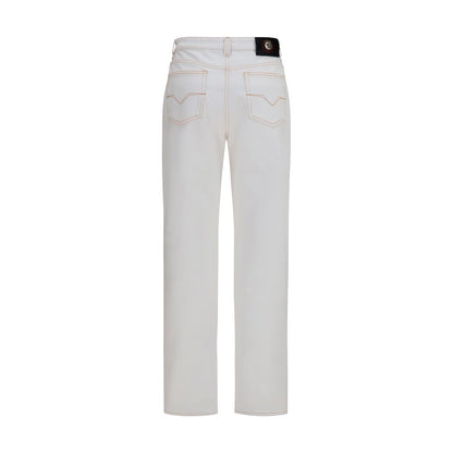 Jeans by Versace for women in denim cotton white features a polished silhouette with a polished straight-leg & regular-fit, reaching a polished long and finished with a polished high rise.