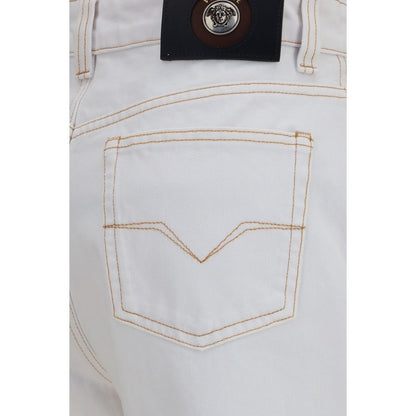 Jeans by Versace for women in denim cotton white features an refined tailoring silhouette, showcasing a premium straight-leg & regular-fit with a high rise and long cut for a refined tailoring look.