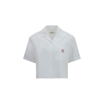 Dress Shirt by Versace for women in cotton white showcases a sleek silhouette, elegantly detailed with a sleek lapel neckline and short-sleeve for a sleek finish.