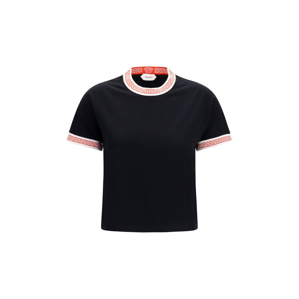 T-Shirt by Versace for women in cotton black showcases a chic silhouette, artfully detailed with a chic crew neckline and for a chic finish.
