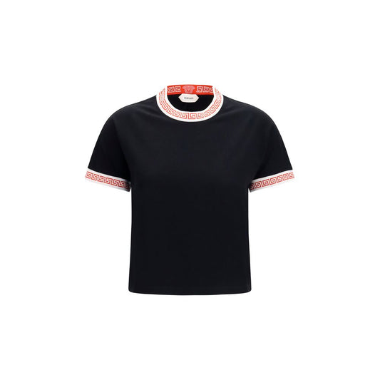 T-Shirt by Versace for women in cotton black showcases a chic silhouette, artfully detailed with a chic crew neckline and for a chic finish.