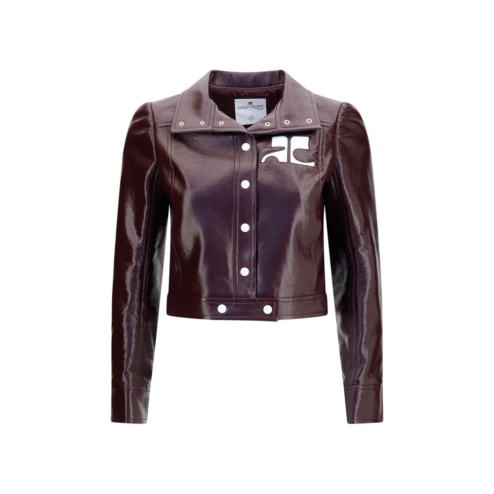 Jacket by Courrèges for women in tu vinyl polyurethane & cotton bordeaux & white showcases a enveloping silhouette, artfully detailed with a enveloping high-collar neckline and premium pockets for a truly enveloping finish.