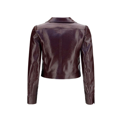 Jacket by Courrèges for women in tu vinyl polyurethane & cotton bordeaux & white features an utilitarian silhouette with a refined high-collar neckline, showcasing sophisticated pockets for an utilitarian aesthetic.