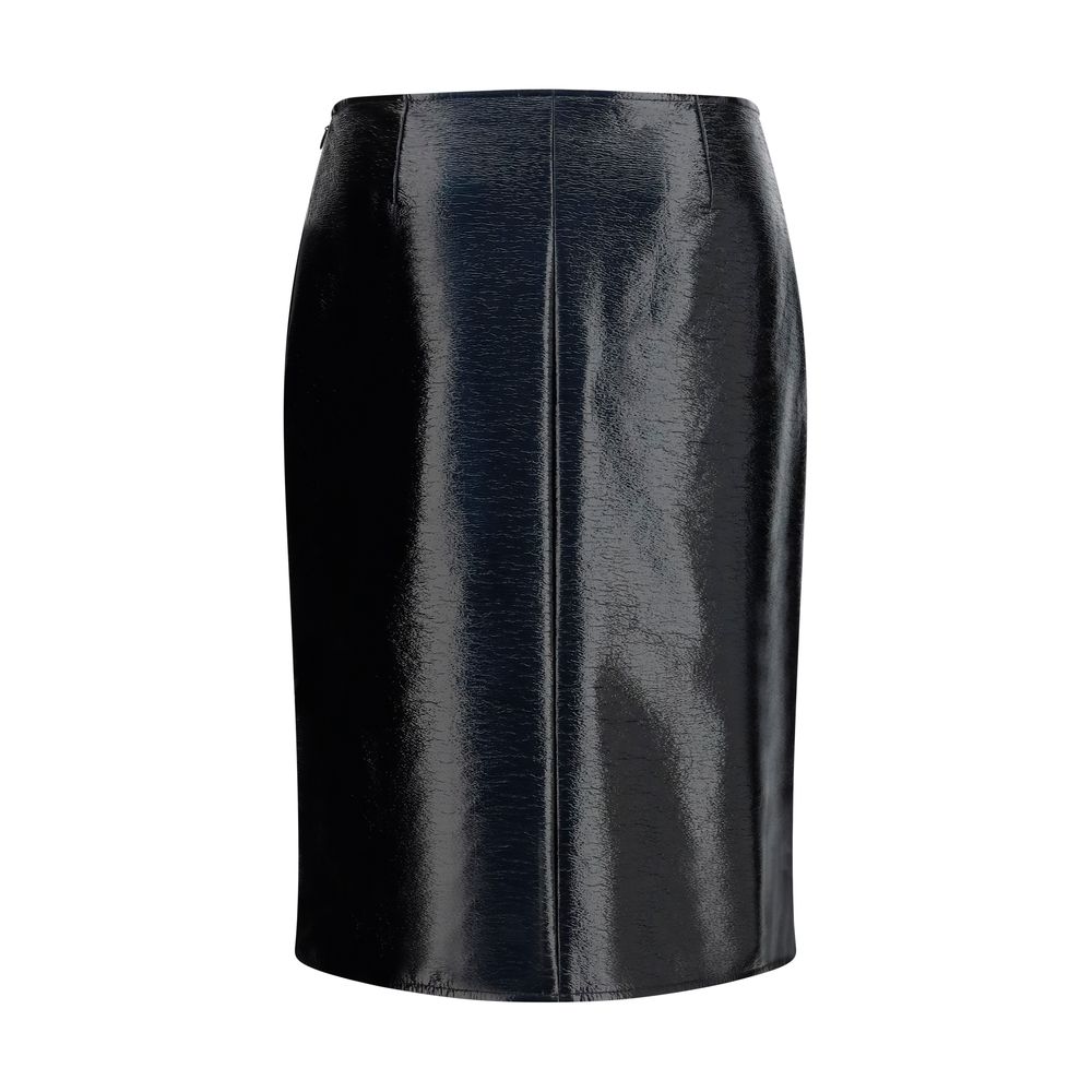 Skirt by Courrèges for women in tu vinyl polyurethane & cotton bordeaux showcases a sultry silhouette, elegantly defined by its midi knee and the sophisticated sultry design of the Women's TU Vinyl Polyurethane & Cotton Midi Knee Skirt.