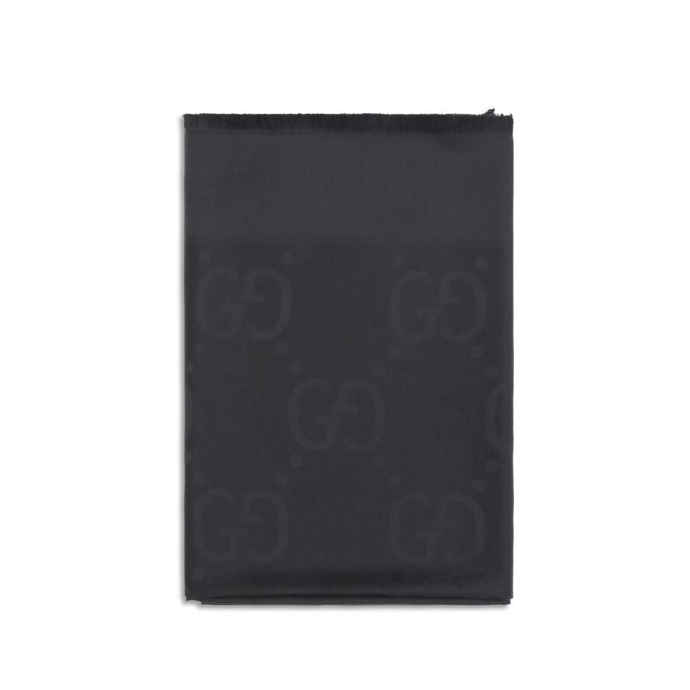 Scarf by Gucci for women in wool & silk black, patterned & jacquard features a timeless silhouette, artfully capturing the essence of the timeless Gg Wool & Silk Frayed-Edge Scarf design for a sophisticated look.