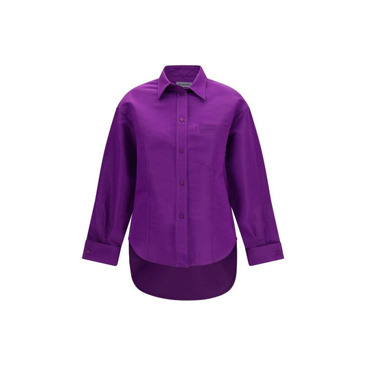 Dress Shirt by Balenciaga for women in cotton purple & signature showcases a sleek silhouette, elegantly detailed with a sleek asymmetric boat neckline and long-sleeve for a sleek finish.