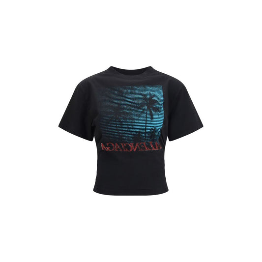 T-Shirt by Balenciaga for women in cotton black, signature & print showcases a chic silhouette, artfully detailed with a chic crew neckline and short-sleeve for a chic finish.