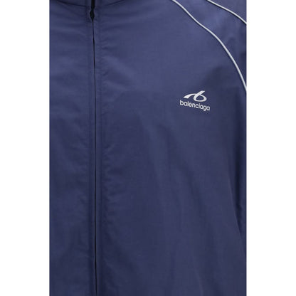 Track Jacket by Balenciaga for men in polyamide cotton blue & signature features a captivating silhouette detailed with a captivating and functional pockets & windproof for a polished look.