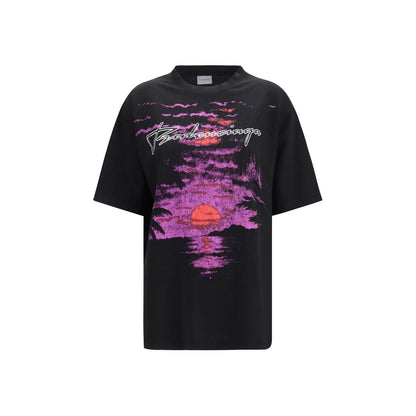 T-Shirt by Balenciaga for women in stretch cotton black, signature & print showcases a chic silhouette, artfully detailed with a chic crew neckline and short-sleeve for a chic finish.