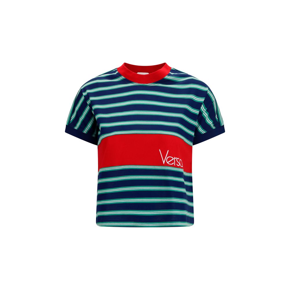 T-Shirt by Versace for women in cotton multicolor & striped showcases a unassuming silhouette, artfully detailed with a refined crew neckline and unassuming short-sleeve for a sophisticated, contemporary look.