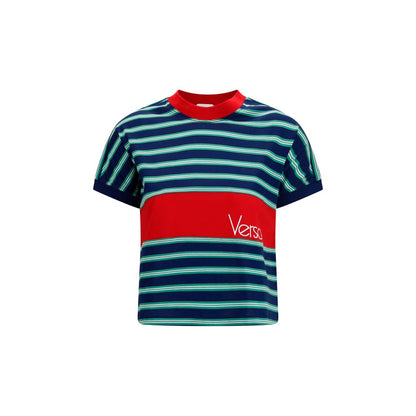 T-Shirt by Versace for women in cotton multicolor & striped showcases a unassuming silhouette, artfully detailed with a refined crew neckline and unassuming short-sleeve for a sophisticated, contemporary look.