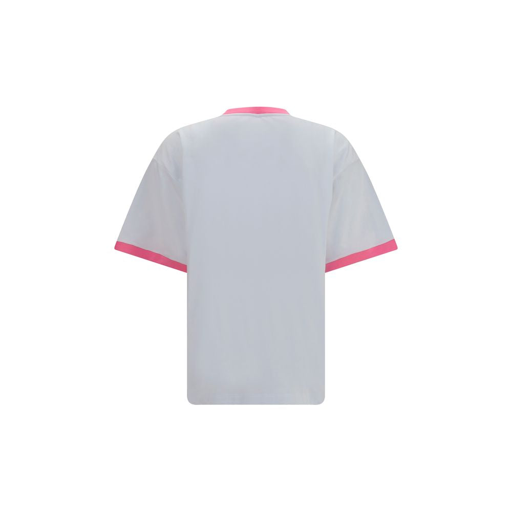 T-Shirt by Versace for women in cotton white & print showcases a unassuming silhouette, artfully detailed with a refined crew neckline and unassuming for a sophisticated, contemporary look.