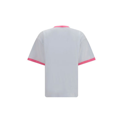 T-Shirt by Versace for women in cotton white & print showcases a unassuming silhouette, artfully detailed with a refined crew neckline and unassuming for a sophisticated, contemporary look.