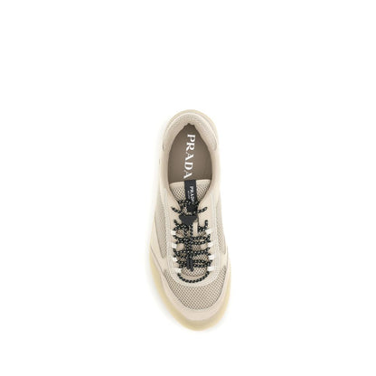 Athletic Sneakers by Prada for men in bos taurus calf leather & polyester beige & patterned presents a sleek silhouette, perfectly capturing the athletic style essence of Men's Athletic Bos Taurus Calf Leather & Polyester Sneakers with its sleek design and premium finish.