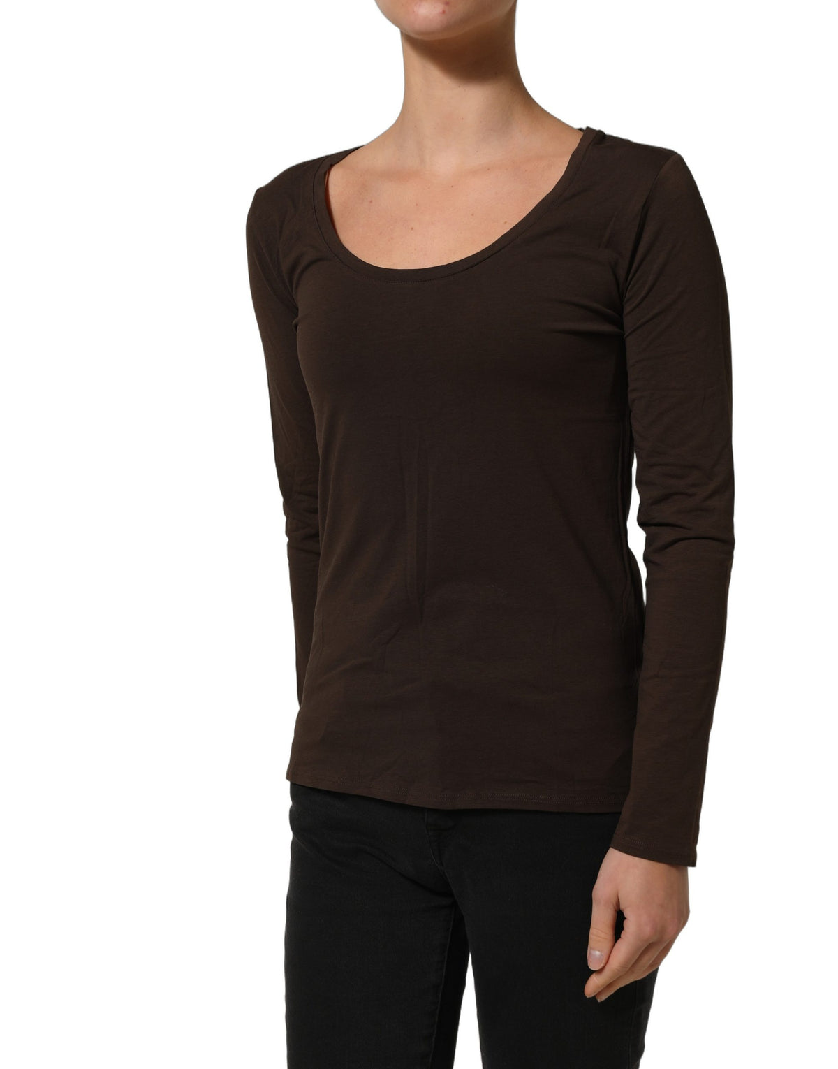 Alpha Massimo Rebecchi Alpha Women's Slim Long-Sleeve Round Neck Stretch Cotton Blouse - Brown